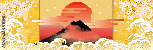 富士山と波の日本　浮世絵イメージ