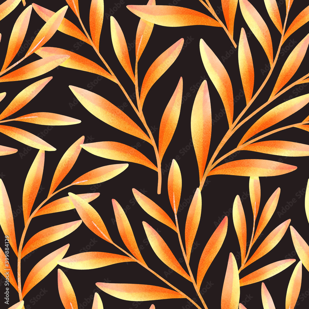 Botanical floral seamless pattern. Hand painting illustration with leaves. Stylish digital painting fabric design.