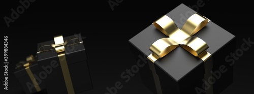 Black closed gift boxes with gold ribbon on black background. 3D illustration. 3D CG. 3D high quality rendering. © DRN Studio