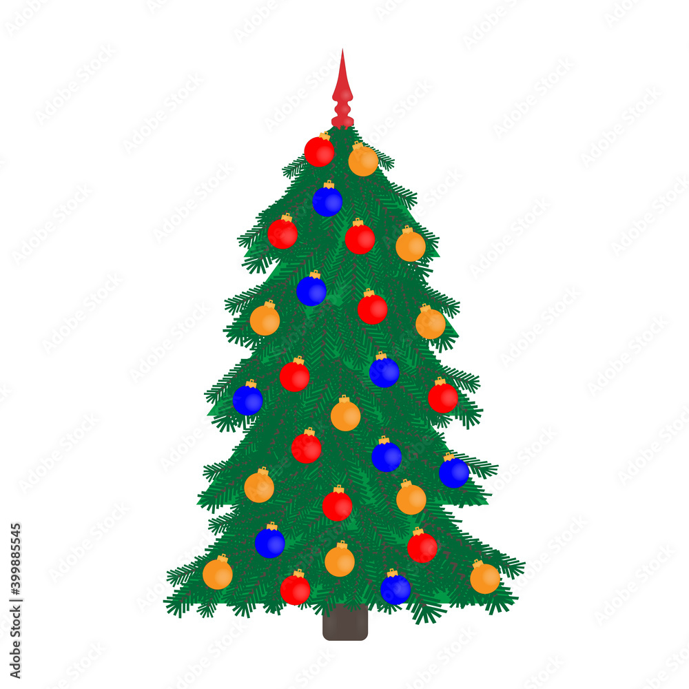 Christmas tree icon with Christmas decorations on white background