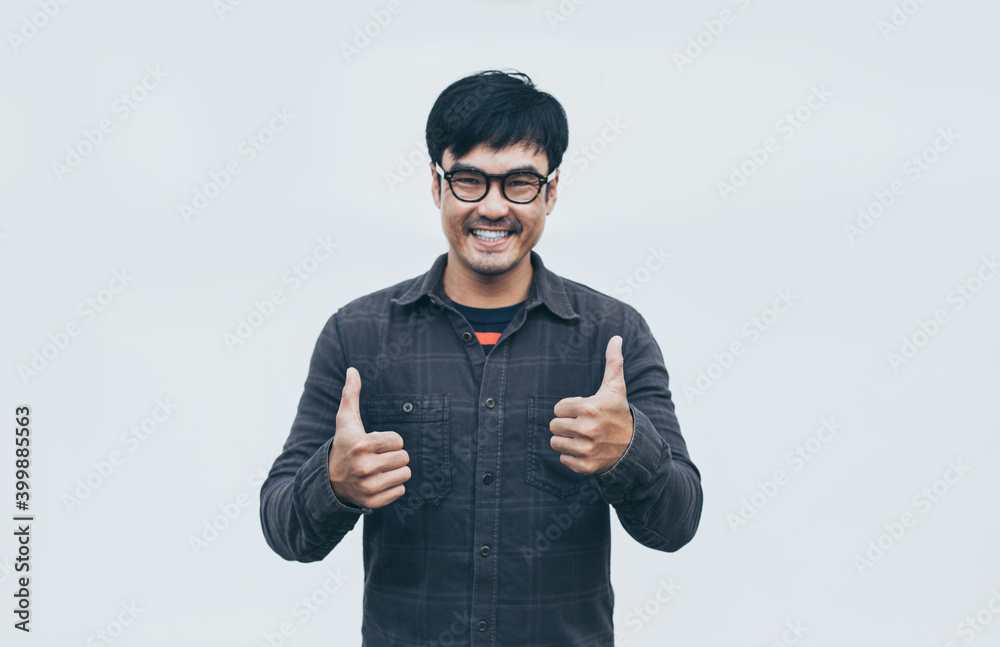 Fototapeta premium adult asian man.young male wear eye glasses.posing smiling look excited surprised thinking positive happy joy life.empty,copy space for text advertising.white background.attractive fashion people