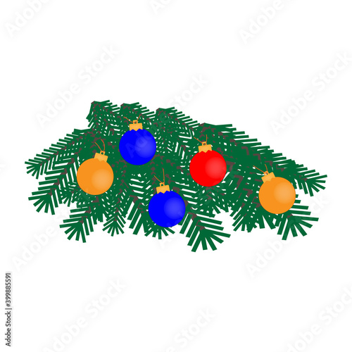 Christmas tree branch icon with festive Christmas decorations on white background