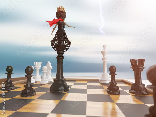 queen chess piece vs chess pieces on the board 3d render