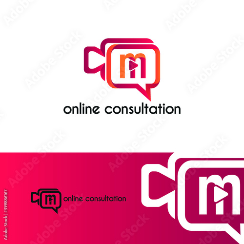 Initial letter m with video call camera chatting icon for online meeting logo concept