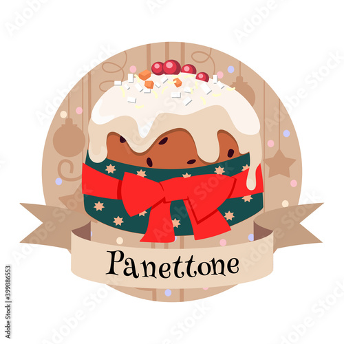 Panettone Italian christmas cake. Colorful illustration in cartoon style.