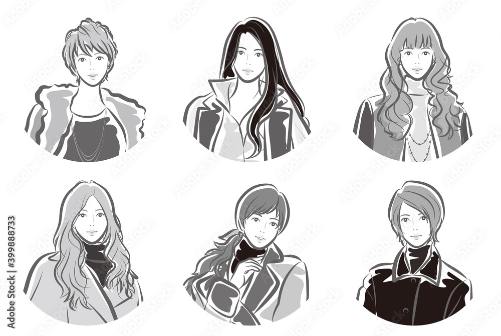 女性の表情とファッションのイラスト 女性の表情とファッションのイラスト