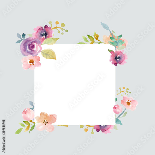 Square frame for postcards of invitations and social media posts of delicate watercolor flowers