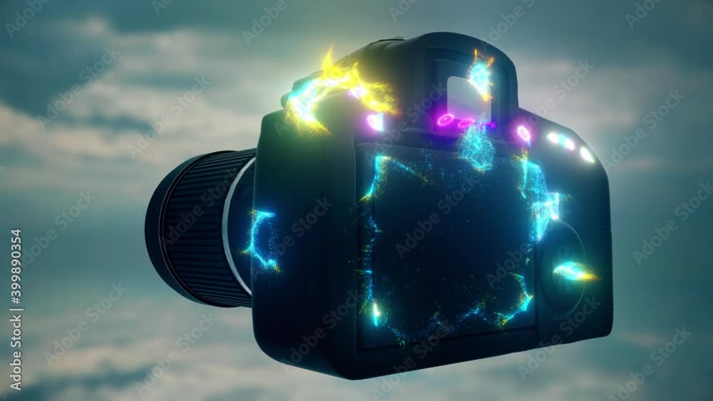 Isolated Dslr Camera in sky with colorfull particles camera rotating around. High quality 4k footage