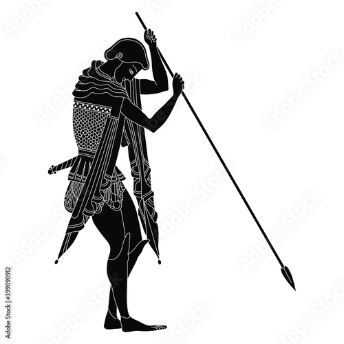 Young ancient Greek warrior with a spear. Vase painting style. Black and white silhouette.