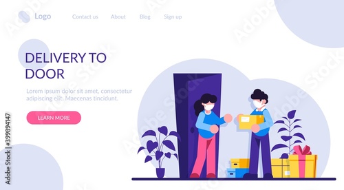 Courier hands over the parcel to the client. Express delivery of packages, goods to the home. Parcels delivery service. Vector illustration, flat design cartoon style. Online delivery