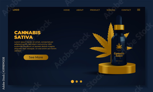 CBD oil website page template with realistic 3d oil dropper bottle and cannabis leaf. Realistic style.