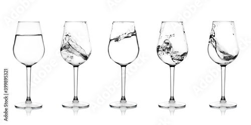 Glass glasses with drinking water on a white background collage