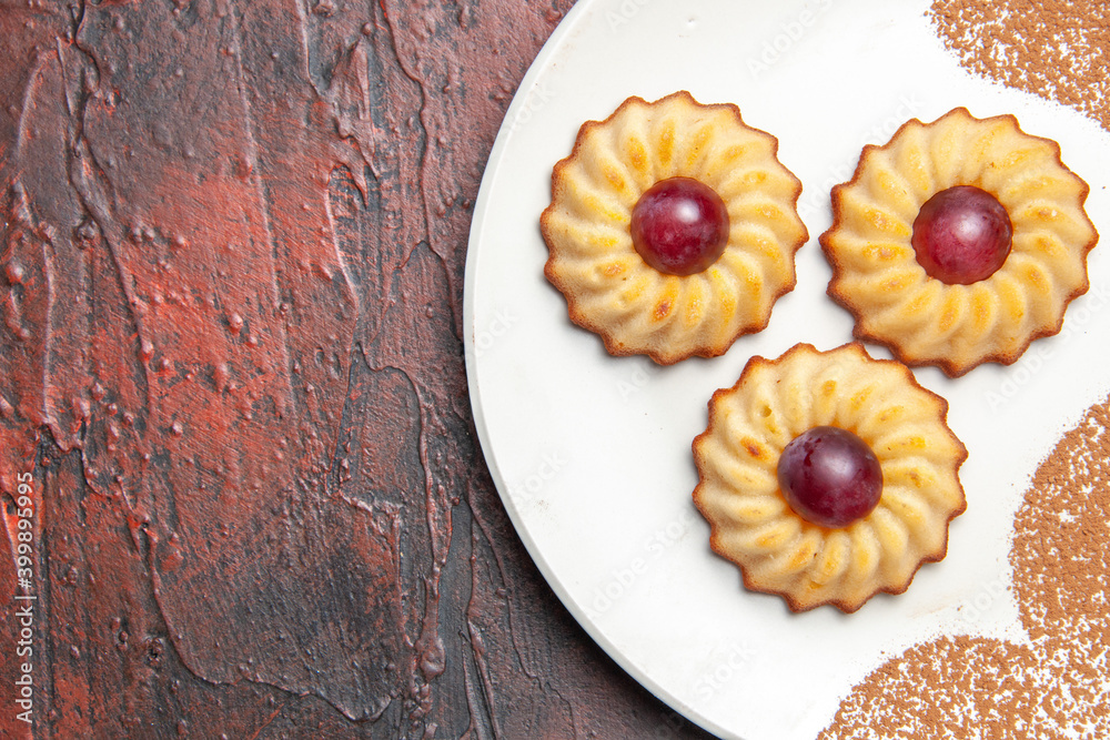 top close view yummy little cookies inside plate on dark background cake sweet biscuit top close view yummy little cookies inside plate on dark background cake sweet biscuit