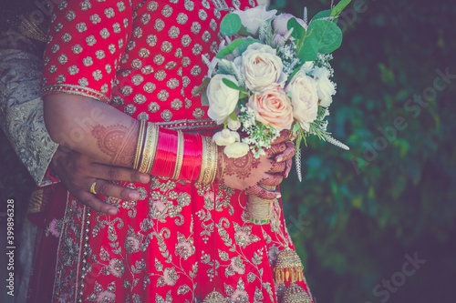 Indian Punjabi Sikh bride's wedding bouquet flowers close up