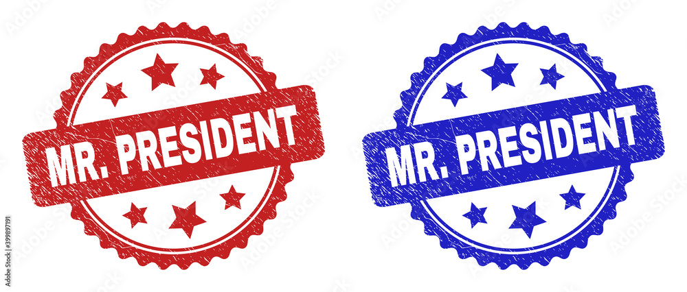 Rosette MR. PRESIDENT seal stamps. Flat vector textured seal stamps with MR. PRESIDENT message inside rosette with stars, in blue and red color versions. Rubber imitations with corroded texture.