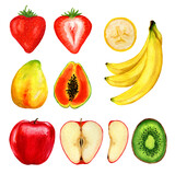 Fruit and berry set, apple, strawberry, papaya, banana, kiwi, whole and cut. Watercolor illustration on white background.