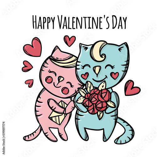 BOUQUET FOR CAT Gives To Beloved Kitty Who Cuddles Lovely Cat Boy Day Of Lovers Valentine Cartoon Animals Hand Drawn Clip Art Vector Illustration For Print