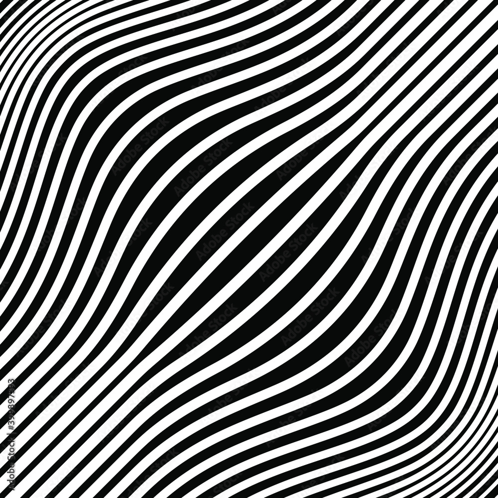 Abstract pattern with white curved lines. Optical art. Digital image with psychedelic stripes. Vector illustration. Ideal for prints, abstract background, posters, tattoo and web design