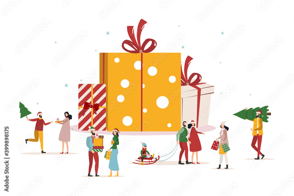 Christmas new year banner sale poster and flyer with giant gift boxes and small people men. vector Christmas new year banner sale poster and flyer with giant gift boxes and small people men. vector