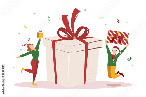 Christmas new year banner sale poster and flyer with giant gift boxes and small people men. vector