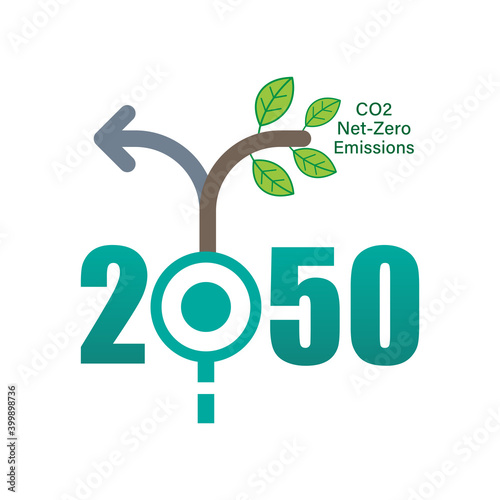 Achieving CO2 net-zero emissions by 2050 typographic design. Timeline junction infographic concept. Vector illustration outline flat design style.
