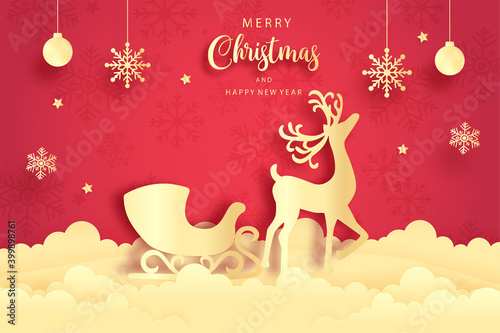 Christmas card with reindeer. Paper cut vector illustration