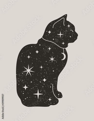 Mystical Black Cat in Trendy boho style. Vector magic cat silhouette with stars and Moon for printing on wall, T-shirt, tattoo, social media post and stories