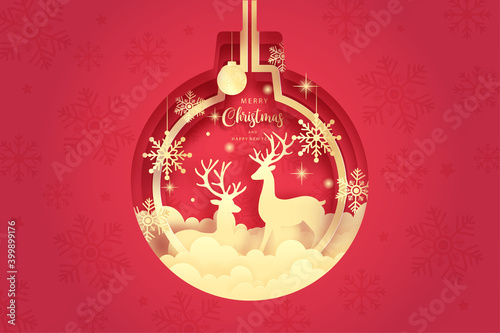 Christmas card with reindeer and snowball, paper cut vector illustration