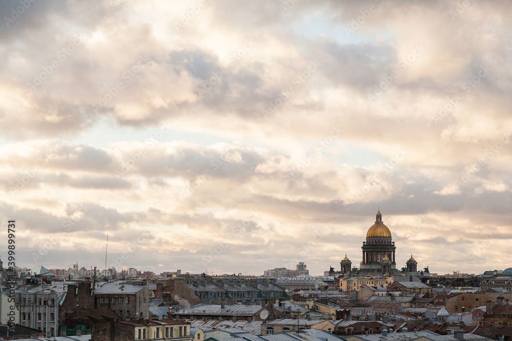 Cityscape of Saint Petersburg with folden dome of St. Isaac's Cathedral