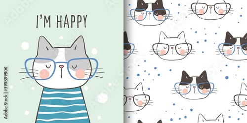 Draw greeting card and print pattern cat for kid.