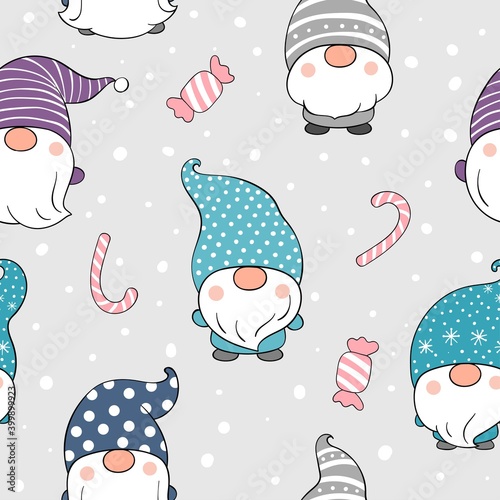 Draw seamless pattern gnome in snow for winter.