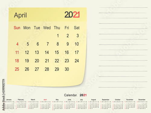 April 2021 Calendar Paper Note Design