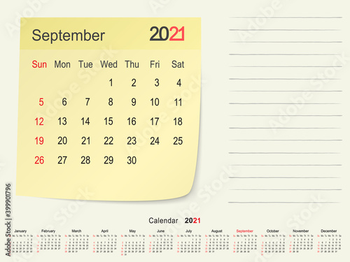 September 2021 Calendar Paper Note Design