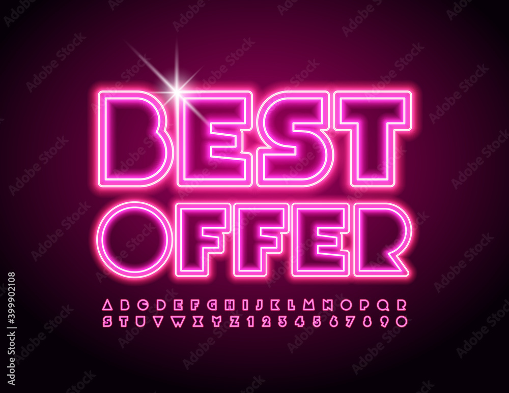 Vector neon banner Best Offer. Pink glowing Font. Electric light Alphabet Letters and Numbers set Vector neon banner Best Offer. Pink glowing Font. Electric light Alphabet Letters and Numbers set