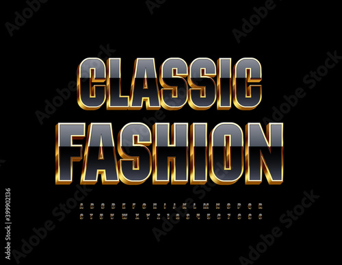 Vector premium sign Classic Fashion. Elegant Black and Gold Font. 3D Elite Alphabet Letters and Numbers set