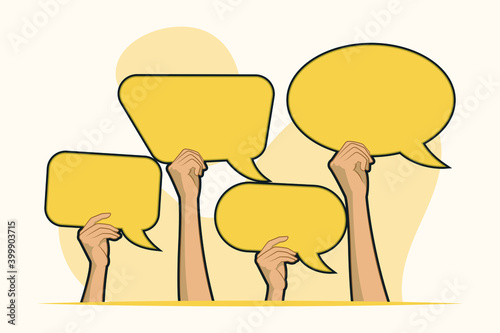 Hands holding speech bubbles concept
