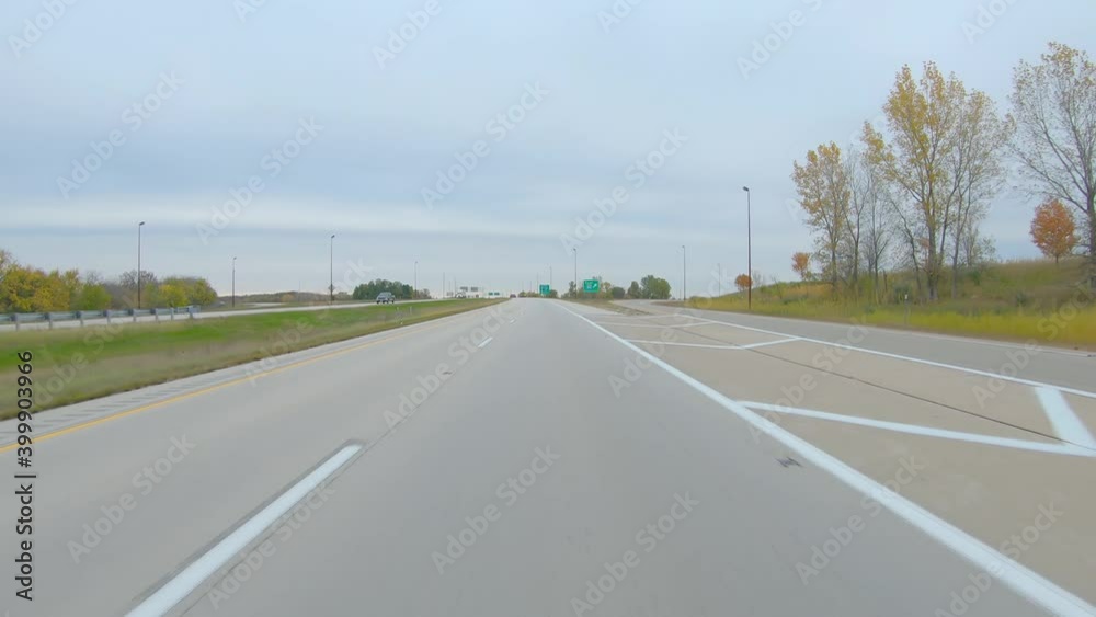 POV while driving on Interstate I80 near Moline, Illinois; approaching the exit ramp for interstates I74 and I280; POV while driving on Interstate I80 near Moline, Illinois; approaching the exit ramp for interstates I74 and I280;