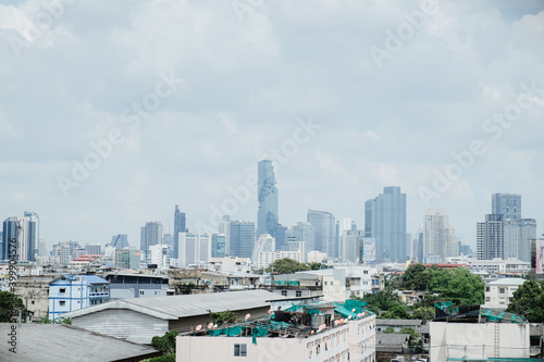 Aerial view of the modern buildings and skyscrapers of Bangkok City, Thailand. © Chaiyaphruek