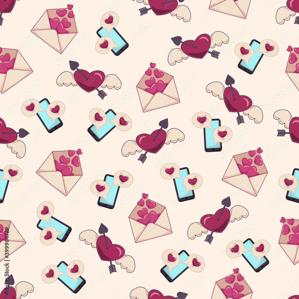 Pattern with flying hearts, love envelopes and mobile phones. Seamless background for Valentine's day. Flying heart with angel wings and pierced by an arrow. Backdrop with symbols of dating app. 