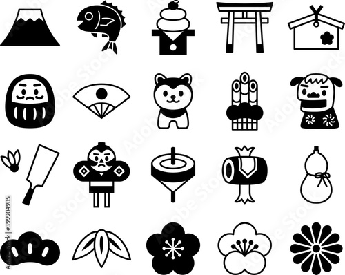 お正月のアイコンセット （白黒ver.）