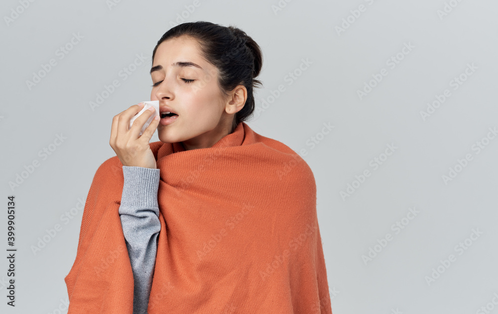 Woman with napkin health problems orange plaid allergy Woman with napkin health problems orange plaid allergy