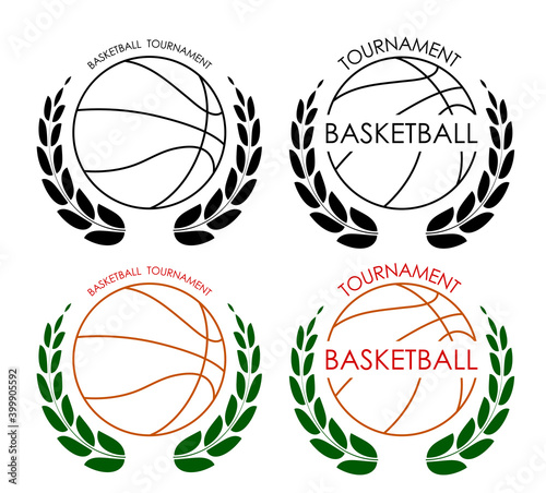 symbols sport ball for basketball on white background with winner laurel wreath. Basketball competition. Isolated vector