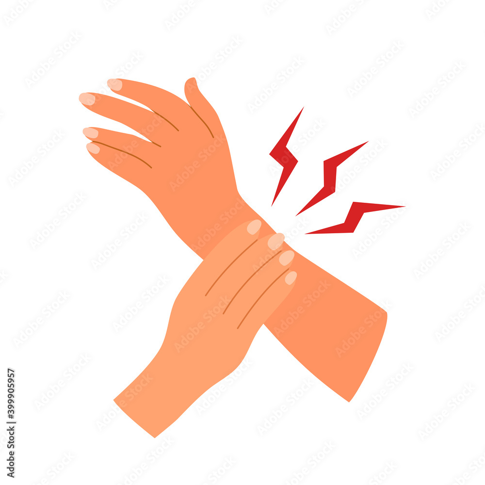 Fototapeta premium Wrist and arm pain concept vector illustration on white background. Woman feel arm hurts. Muscle or bone problem. 