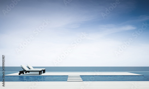 luxury villa beach lounge mock up and sea sky background with beautiful morning scene