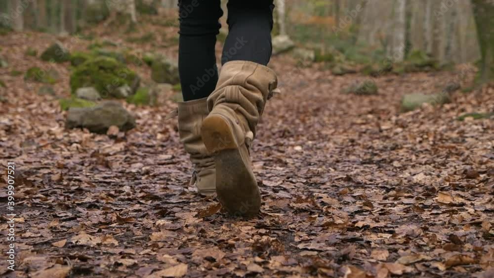 Low-angle tracking shot of woman legs walking on dry leaves carpet. Slow-motion