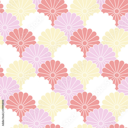 Seamless floral pattern. Pink Japanese national flower chrysanthemum and herbs. Illustration luxury design  textiles  paper  wallpaper  curtains  blinds. Vintage design.