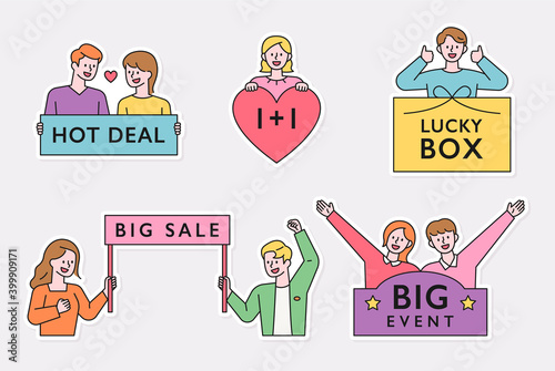 Hot Deal, Lucky Box, Big Sale Event Label Sticker. A person character holding a board with a message written on it. flat design style minimal vector illustration.