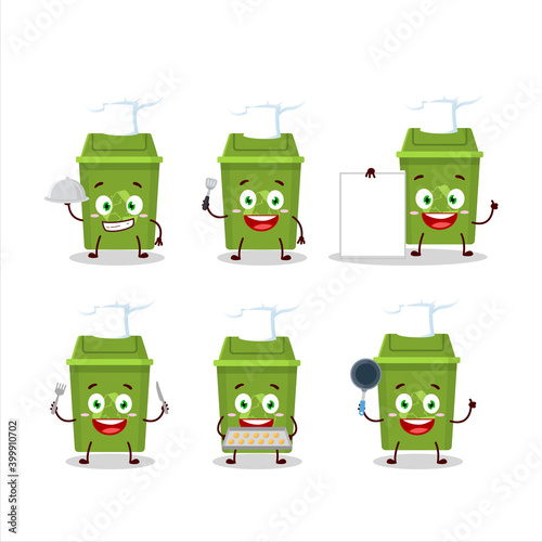 Cartoon character of recycle trash can with various chef emoticons
