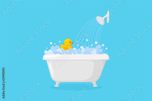 Bathtub with rubber duck with suds and shower. Yellow duck in bubbles and foam isolated in blue background. Vector illustration in cartoon style