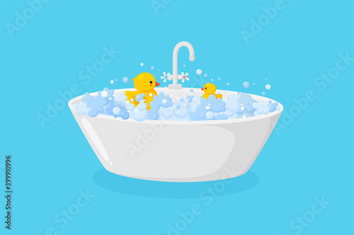Bathtub with ducks in suds and faucet. Ellipse tub with tap with soap foam isolated in blue background. Vector illustration in cartoon style